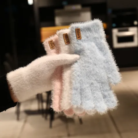 Gants en Tricot de Fourrure de Vison Synthétique Chauds d'Hiver pour Femmes Doublés de Polaire Gants en Peluche Doigts Complets Chauffe-Mains Extérieurs