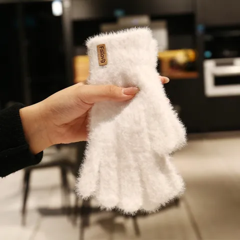 Gants en Tricot de Fourrure de Vison Synthétique Chauds d'Hiver pour Femmes Doublés de Polaire Gants en Peluche Doigts Complets Chauffe-Mains Extérieurs