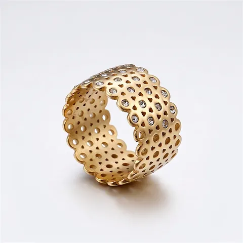 Anillo De Encaje Calado Acero Inoxidable Chapado En Oro 18K Circonita Borde Ondulado Banda Ancha Joyería Vintage Mujer