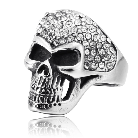 Anillo de Calavera Gótico Punk de Acero Inoxidable Color Plata Diamantes de Imitación Incrustados Anillo de Esqueleto para Hombre Mujer Joyería
