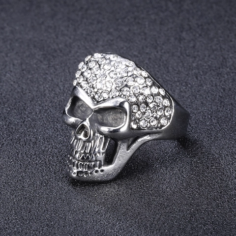 Anillo de Calavera Gótico Punk de Acero Inoxidable Color Plata Diamantes de Imitación Incrustados Anillo de Esqueleto para Hombre Mujer Joyería