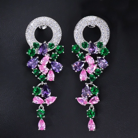 Luxurious Copper Zirconia Flower Drop Earrings Colorful AAA Rhinestone Inlaid Garland Dangle Earrings For Women Jewelry Gift