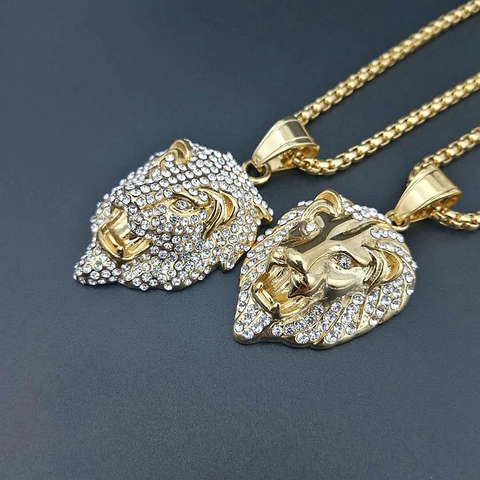Lion Head Pendant Necklace 316 Stainless Steel Gold Plated Iced Out Rhinestone Hip Hop Punk Animal Jewelry For Men