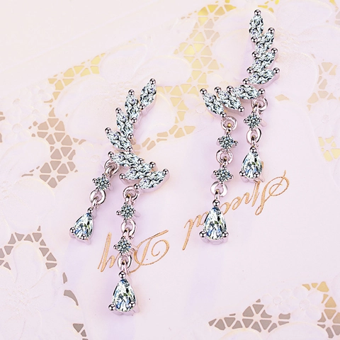 Pendientes de Moda Flor Ala Borla Larga para Mujer Elegante Cobre Circonia Incrustada Pendientes Colgantes Oro Rosa Plata Joyería
