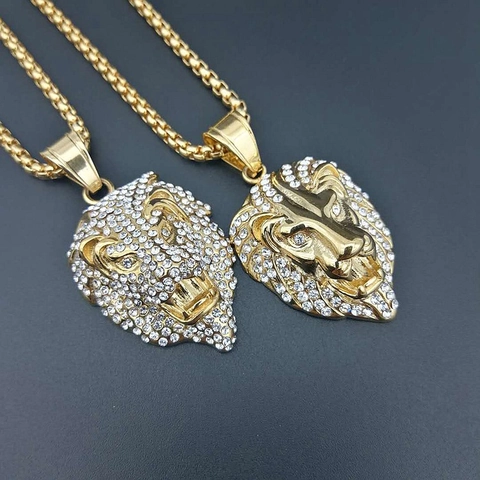 Lion Head Pendant Necklace 316 Stainless Steel Gold Plated Iced Out Rhinestone Hip Hop Punk Animal Jewelry For Men