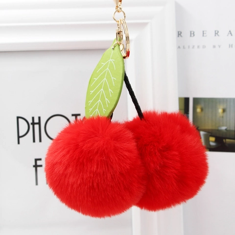 Schattige Kersen Sleutelhanger Van Imitatiebont Pluche Pompon Tas Hanger Met Groen Leren Blad En Gouden Metalen Ring Voor Dames