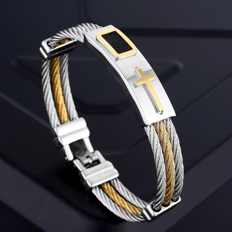Men's Stainless Steel Cross Bracelet Woven Wire Cable Bangle Religious Fashion Punk Jewelry