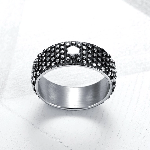 Anillo Retro In Acciaio Inossidabile Punk Hip Hop Trama Punteggiata Fascia Larga Motivo Stella Esagonale Gioielli Vintage