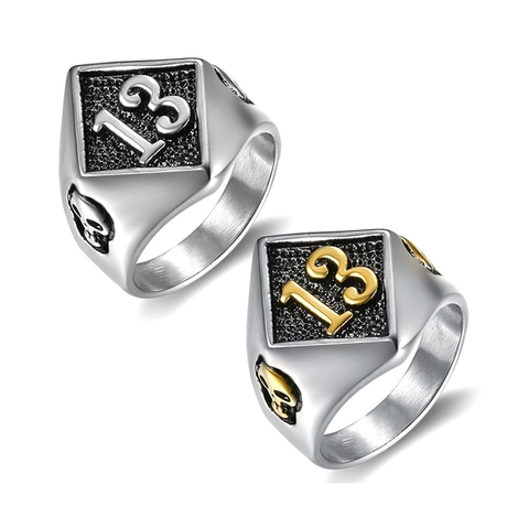 Punk Biker Signet Ring Stainless Steel Number 13 Skull Relief Gothic Vintage Men Jewelry