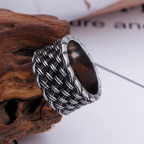 Anillo De Acero Inoxidable Vintage Para Hombre Textura Trenzada Ancha Estilo Punk Acabado Antiguo Joyas De Moda