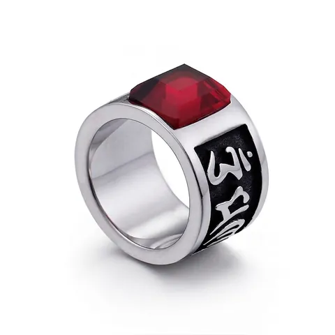Anello Con Sigillo Da Uomo In Acciaio Inossidabile Retrò Con Gemma Rettangolare Rossa E Mantra Inciso Stile Punk Vintage
