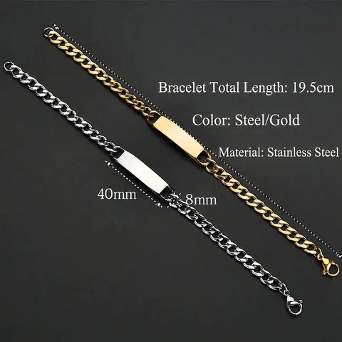 Stainless Steel Bracelet Cuban Link Curb Chain Rectangular Blank ID Bar Plate Minimalist Hip Hop Punk Jewelry Men Unisex
