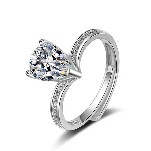 Bague Ouverte Réglable Minimaliste pour Femmes Forme Coeur Poire Cuivre Plaqué Platine avec Zirconia Incrusté Bijoux
