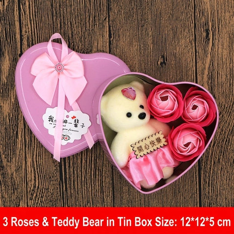 Heart Shaped Soap Rose Flower Gift Box With Plush Bear Tinplate Essential Oil Scented Romantic Wedding Valentine Day Present