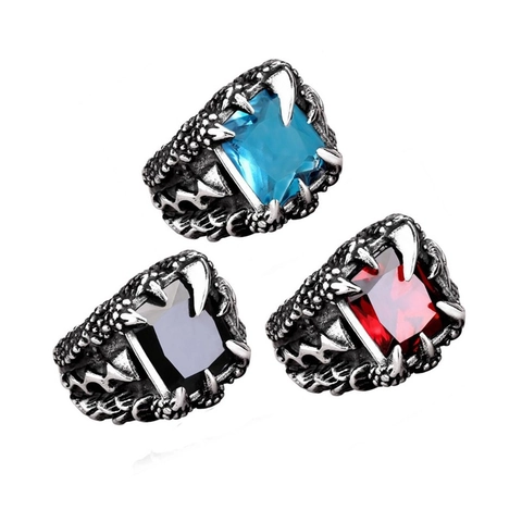 Gothic Dragon Claw Ring 316 Stainless Steel Square Synthetic Gemstone Punk Retro Rock Dominant Jewelry For Men