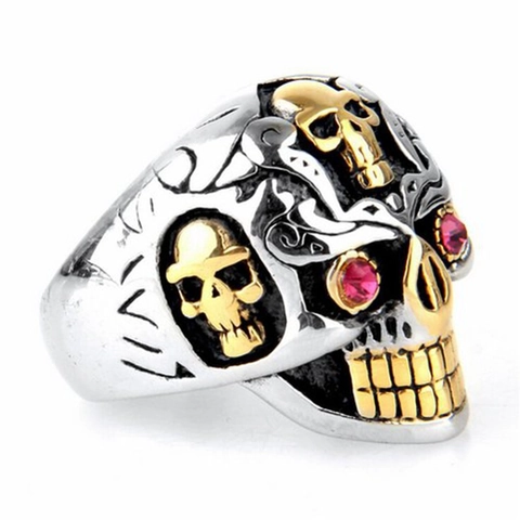 Men Skull Ring 316 Stainless Steel Gold Silver Two Tone Red Eyes Biker Gothic Retro Punk Heavy Metal Jewelry
