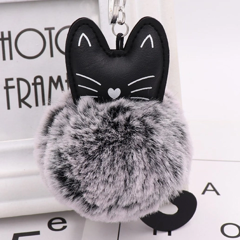 Mignon Chat Peluche Porte-Clés Boule Fourrure Synthétique Pompon PU Cuir Animal Sac Charme Pendentif Pour Femmes Filles Cadeau