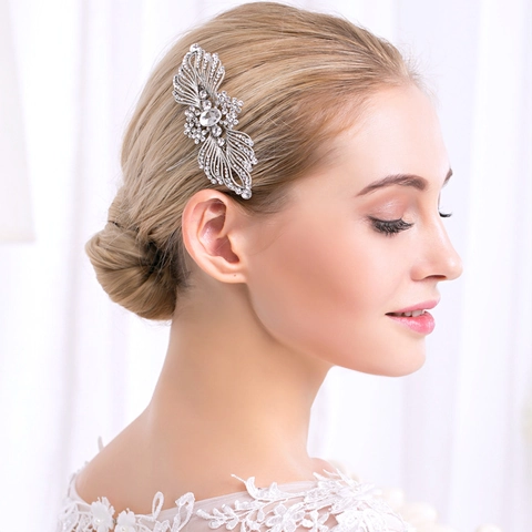 Silver Bridal Hair Comb Alloy Rhinestone Leaf Floral Wedding Headpiece Elegant Hair Accessories For Bride Party Women