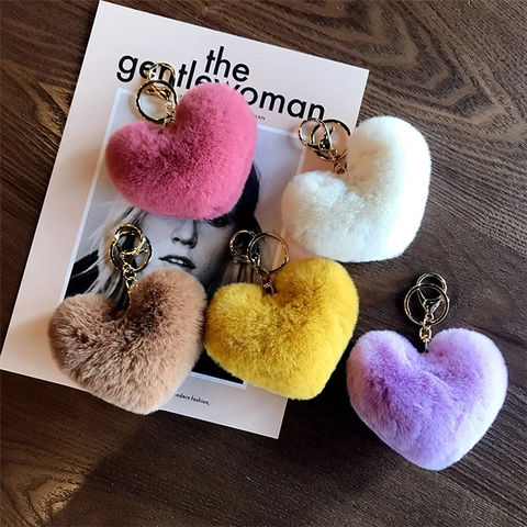 Heart Shaped Plush Keychain Faux Rabbit Fur Fluffy Soft Bag Charm For Women Car Key Pendant Leopard Print Fashion Accessory