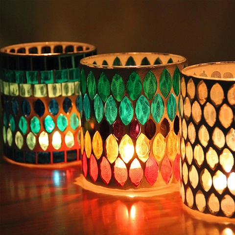 Mosaic Glass Candle Holder Handmade Colorful Geometric Pattern Romantic Dinner Desktop Decoration Vintage Votive Tealight Holder