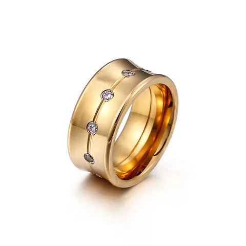 Anello a Fascia Larga in Acciaio Inossidabile Con Strass per Donna Placcato Oro 18K Finitura Spazzolata Gioielli
