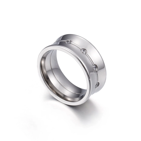 Anello a Fascia Larga in Acciaio Inossidabile Con Strass per Donna Placcato Oro 18K Finitura Spazzolata Gioielli