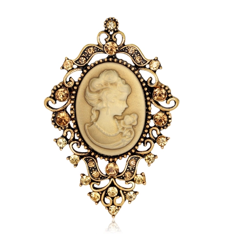 Vintage Victoria Style Cameo Portrait Brooch Alloy Rhinestone Hollow Out Retro Jewelry For Women