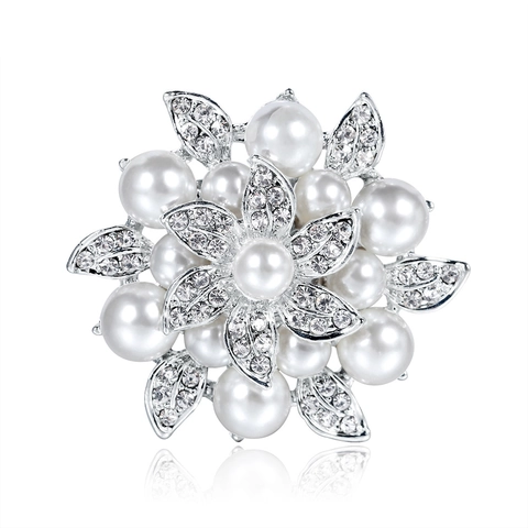 Elegant Flower Brooch Pin With Alloy Rhinestones And Artificial Pearls For Women Fashion Floral Corsage Jewelry Accessory