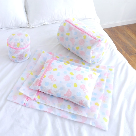 Cartoon Animal Print Mesh Laundry Wash Bag For Lingerie And Delicate Clothes Polyester Mesh Protection Net With Pink Zipper