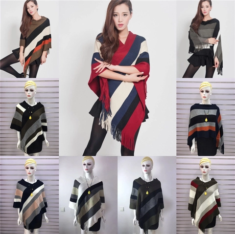 Poncho Scialle in Maglia a Righe da Donna Con Nappine Materiale Acrilico Confortevole Capispalla Largo per Autunno Inverno