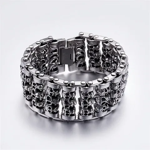 Men 316L Stainless Steel Bracelet Multi Row Skull Head Punk Biker Jewelry Vintage Silver Finish Heavy Gothic Bangle