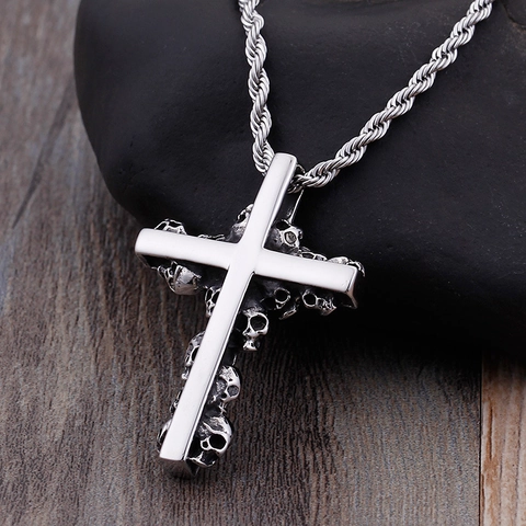 Collana Con Pendente Croce Teschio Gotico Uomo Acciaio Inossidabile 316L Lucidato Punk Biker Gioielli Scuri
