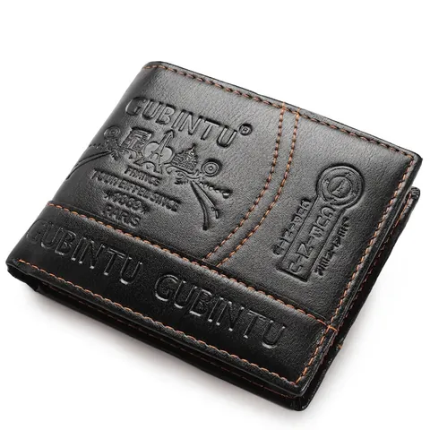 Cartera Corta Hombre Cuero PU Costuras Naranjas Ranuras Tarjetas Ventana ID Delgada Moda Retro Casual Clip Dinero