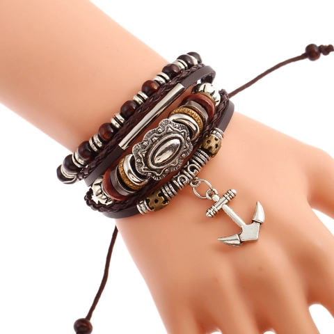 Bracciale in Vera Pelle Multistrato Retro Punk per Uomo Donna Corda in Pelle di Vacca Intrecciata a Mano Ciondolo Ancora in Lega Gioielli Nautici