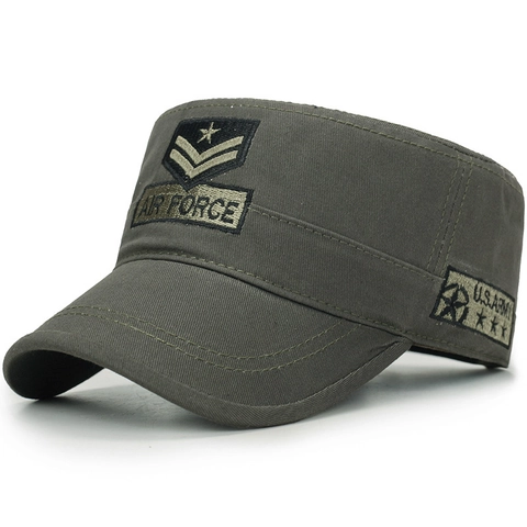 Unisex Cotton Cadet Cap Military Flat Top Hat Air Force US Army Embroidery Adjustable Outdoor Sun Baseball Cap
