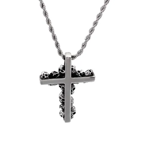 Collana Con Pendente Croce Teschio Gotico Uomo Acciaio Inossidabile 316L Lucidato Punk Biker Gioielli Scuri