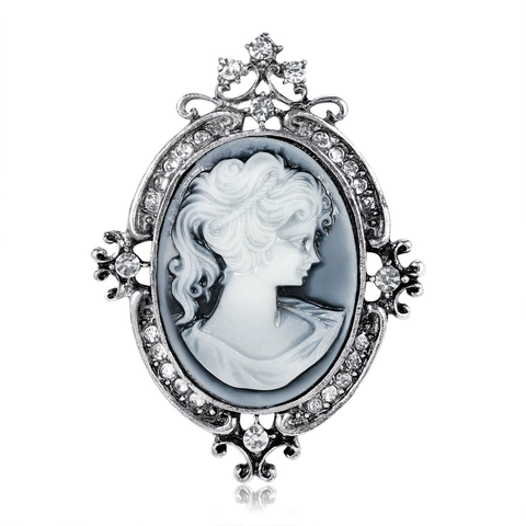 Broche De Cameo Victoriano Vintage Aleación Resina Retrato De Mujer Con Diamantes De Imitación Tono Plateado Joyería Elegante Para Mujeres