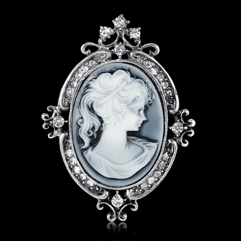 Vintage Victorian Cameo Brooch Alloy Resin Female Portrait With Rhinestones Silver Tone Elegant Jewelry For Women