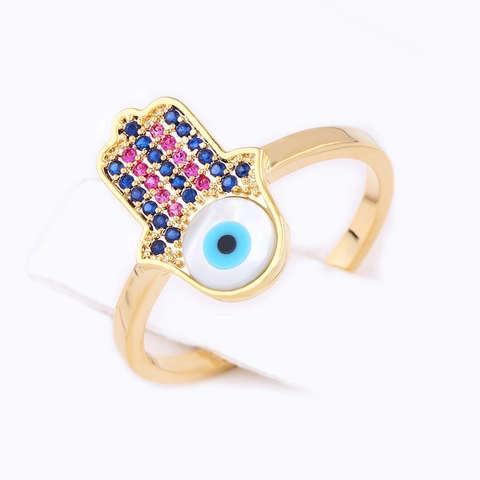Anello Mano Di Hamsa Malocchio Rame Zirconia Conchiglia Turca Fatima Protezione Gioielli Per Donne Oro Argento
