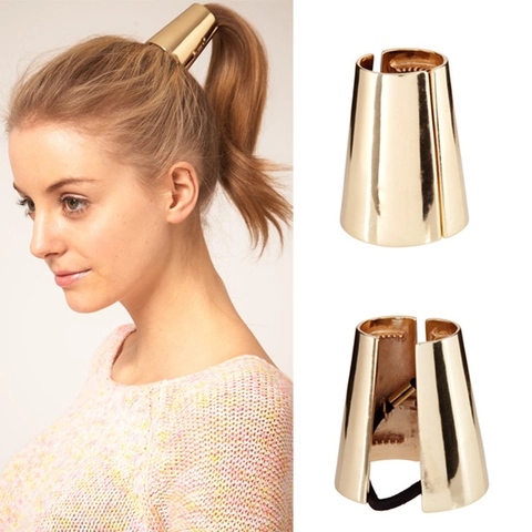 Alloy Metal Hair Cuff Ponytail Holder Elastic Band Cone Shaped Hinge Glossy Hair Tie Accessories For Women