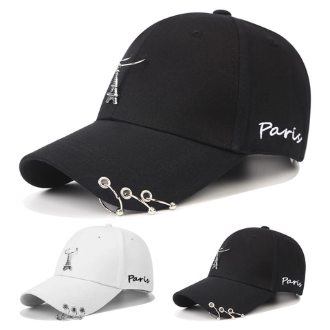 Punk Baseball Cap Cotton Fabric Metal Rings Eiffel Tower Pendant Paris Embroidery Hip Hop Hat For Men Women