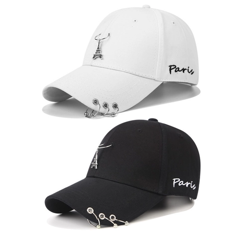 Punk Baseball Cap Cotton Fabric Metal Rings Eiffel Tower Pendant Paris Embroidery Hip Hop Hat For Men Women