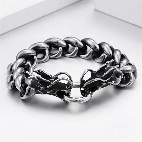 Double Dragon Head Bracelet Men 316L Stainless Steel Punk Gothic Curb Chain Antique Silver Domineering Jewelry