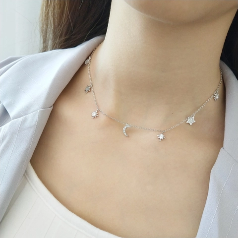 Collana Con Pendente Stella Luna Argento Sterling 925 Zirconi Scintillanti Elegante Girocollo A Strati Gioielli Per Donna