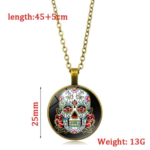 Mexikanische Sugar Skull Anhänger Halskette Legierung Glas Cabochon Tag Der Toten Vintage Schmuck Für Damen Herren