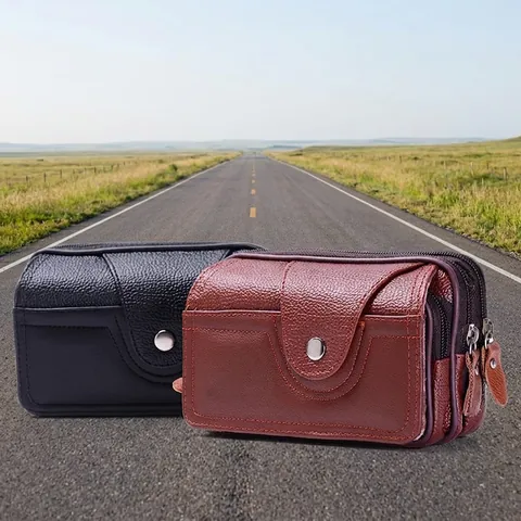 Men Waist Bag PU Leather Waterproof Phone Pouch Belt Loop Multi Layer Zipper Business Casual Lychee Texture Durable