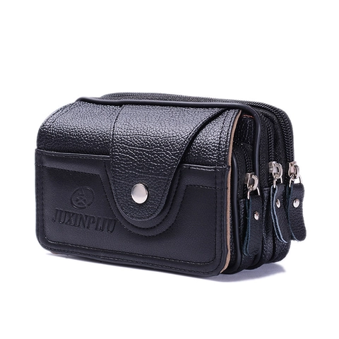 Men Waist Bag PU Leather Waterproof Phone Pouch Belt Loop Multi Layer Zipper Business Casual Lychee Texture Durable