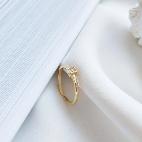925 Sterling Silber Ring 18K Vergoldet Minimalistischer Quadratischer Zirkonia Verstellbare Öffnung Geometrischer Schmuck Damen