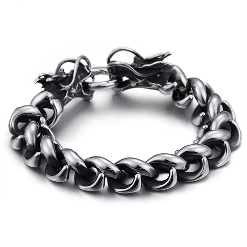 Double Dragon Head Bracelet Men 316L Stainless Steel Punk Gothic Curb Chain Antique Silver Domineering Jewelry