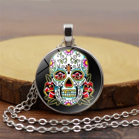 Collana Con Ciondolo Teschio Di Zucchero Messicano Lega Cabochon In Vetro Giorno Dei Morti Gioielli Vintage Per Uomini Donne